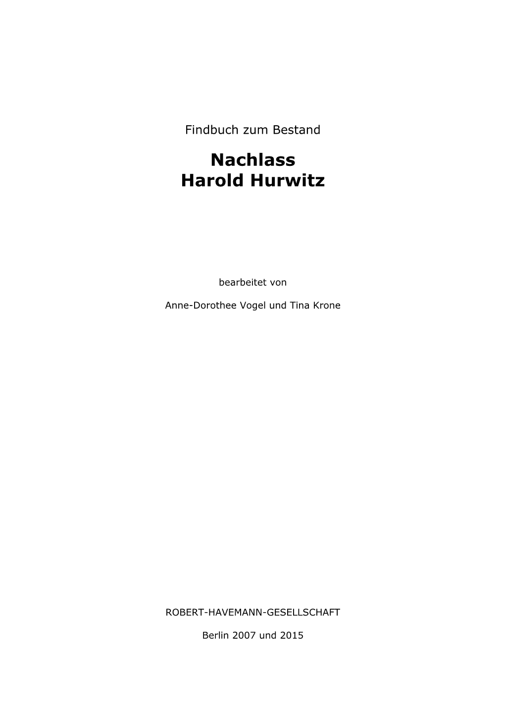 Nachlass Harold Hurwitz