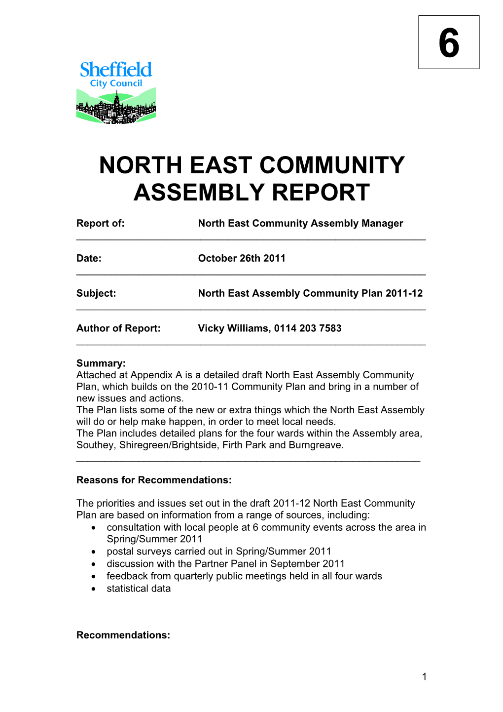 North East Community Assembly Report