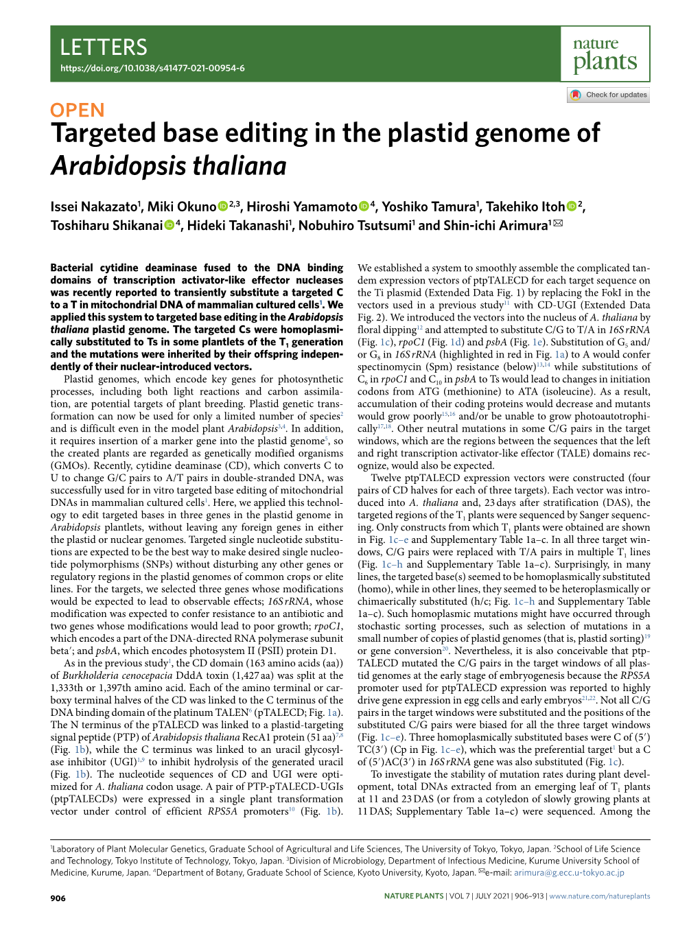 Targeted Base Editing in the Plastid Genome of Arabidopsis Thaliana