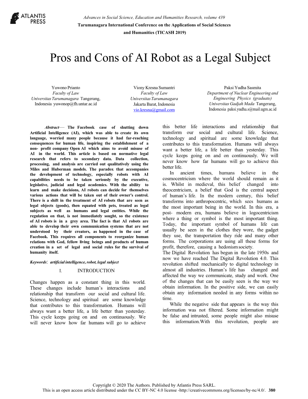 Pros and Cons of AI Robot As a Legal Subject