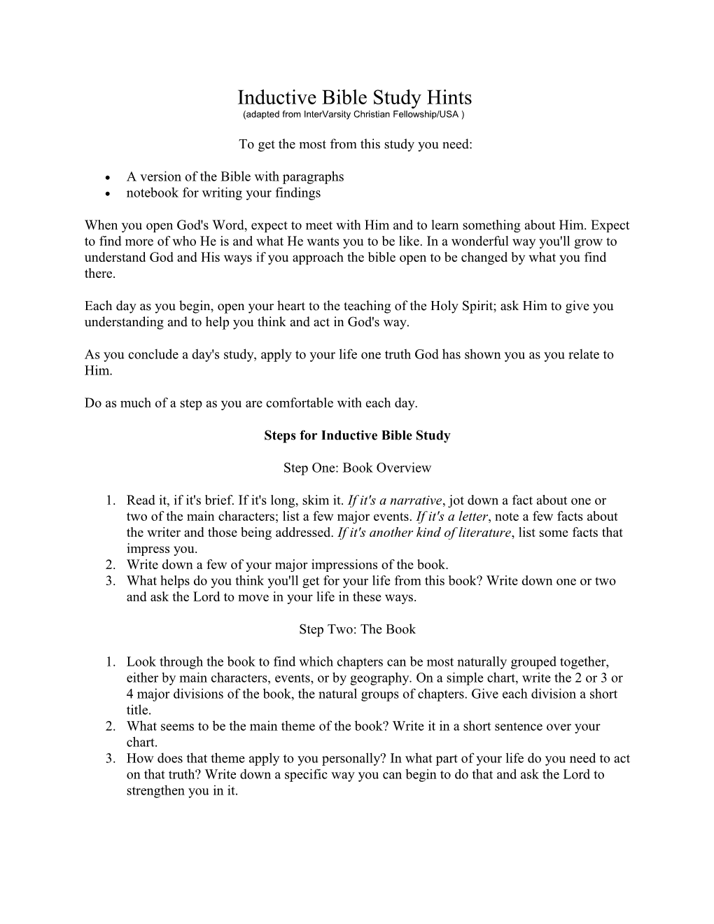 Inductive Bible Study Hints (Adapted from Intervarsity Christian Fellowship/USA )