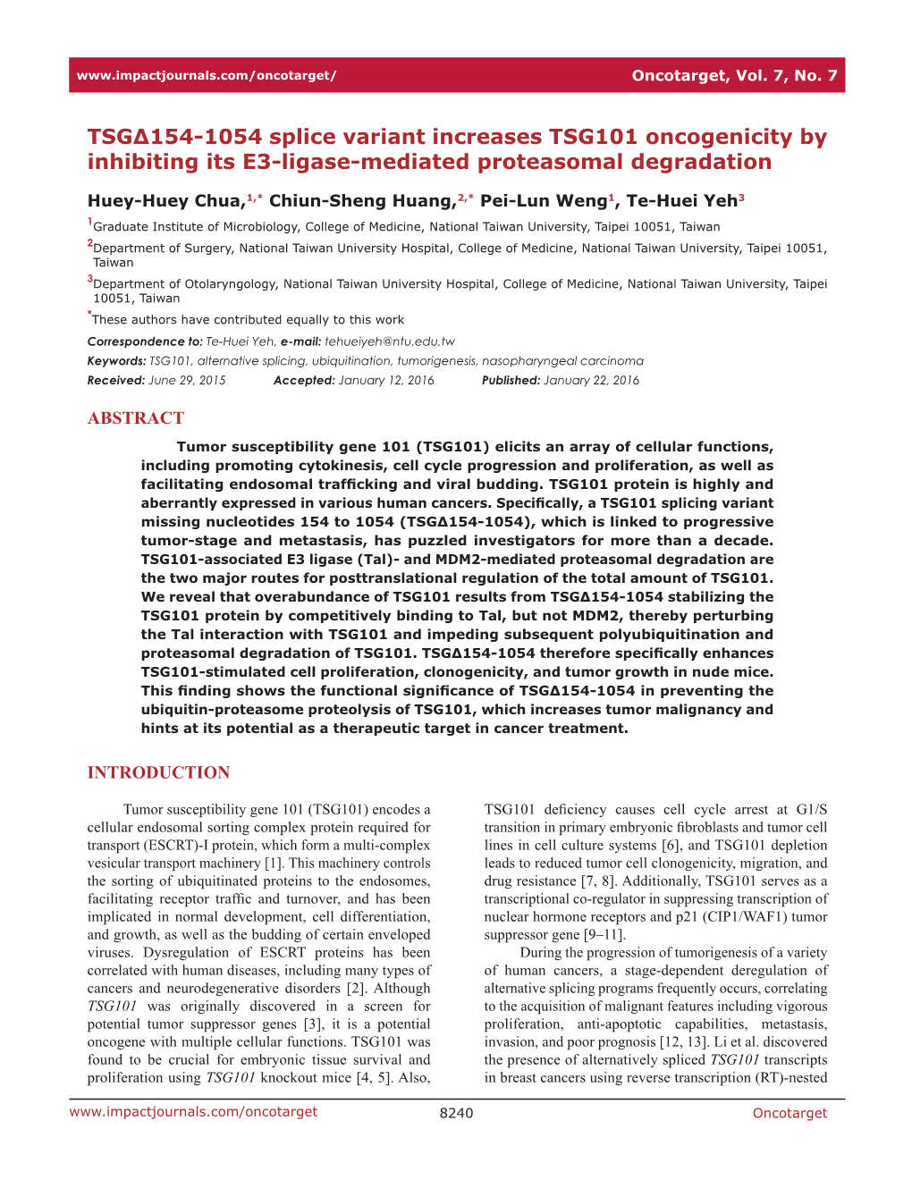 TSGΔ154-1054 Splice Variant Increases TSG101 Oncogenicity by Inhibiting Its E3-Ligase-Mediated Proteasomal Degradation