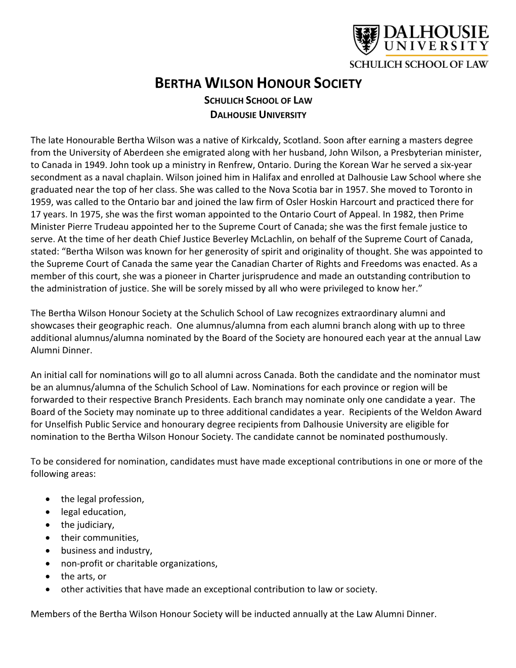 Bertha Wilson Honour Society Schulich School of Law Dalhousie University