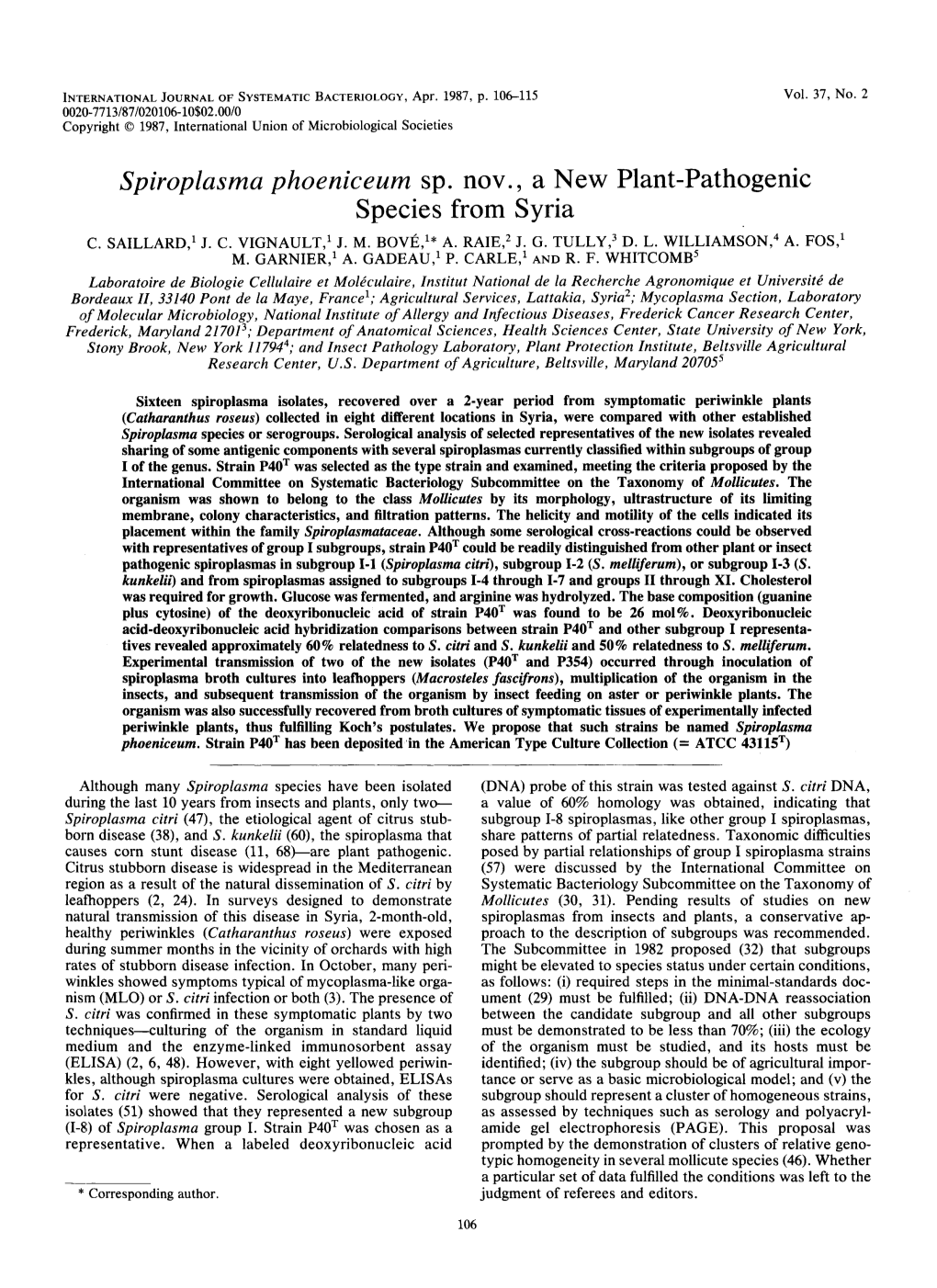 Spiroplasma Phoeniceum Sp. Nov. a New Plant-Pathogenic Species from Syria C