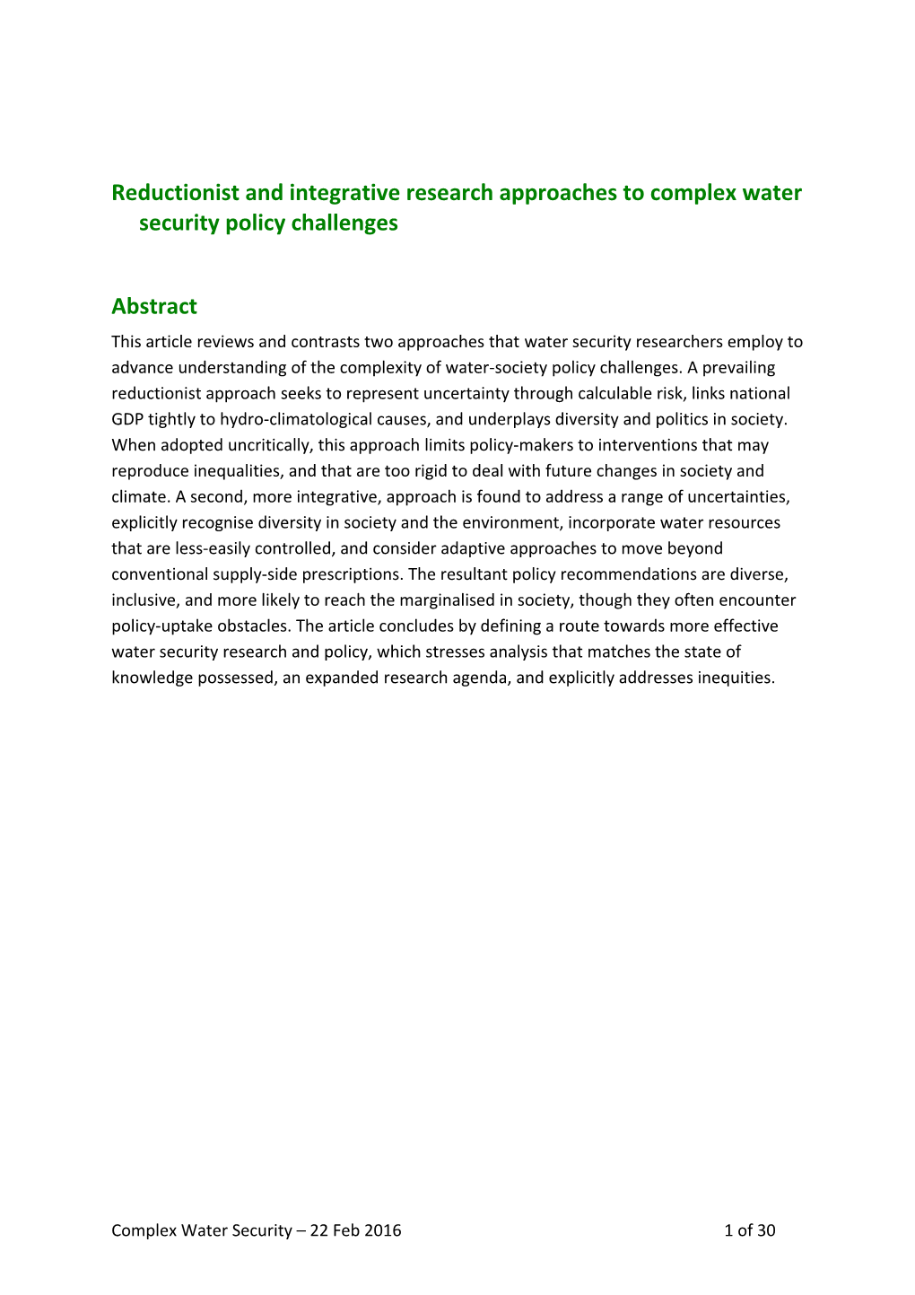 Reductionist and Integrative Research Approaches to Complex Water Security Policy Challenges