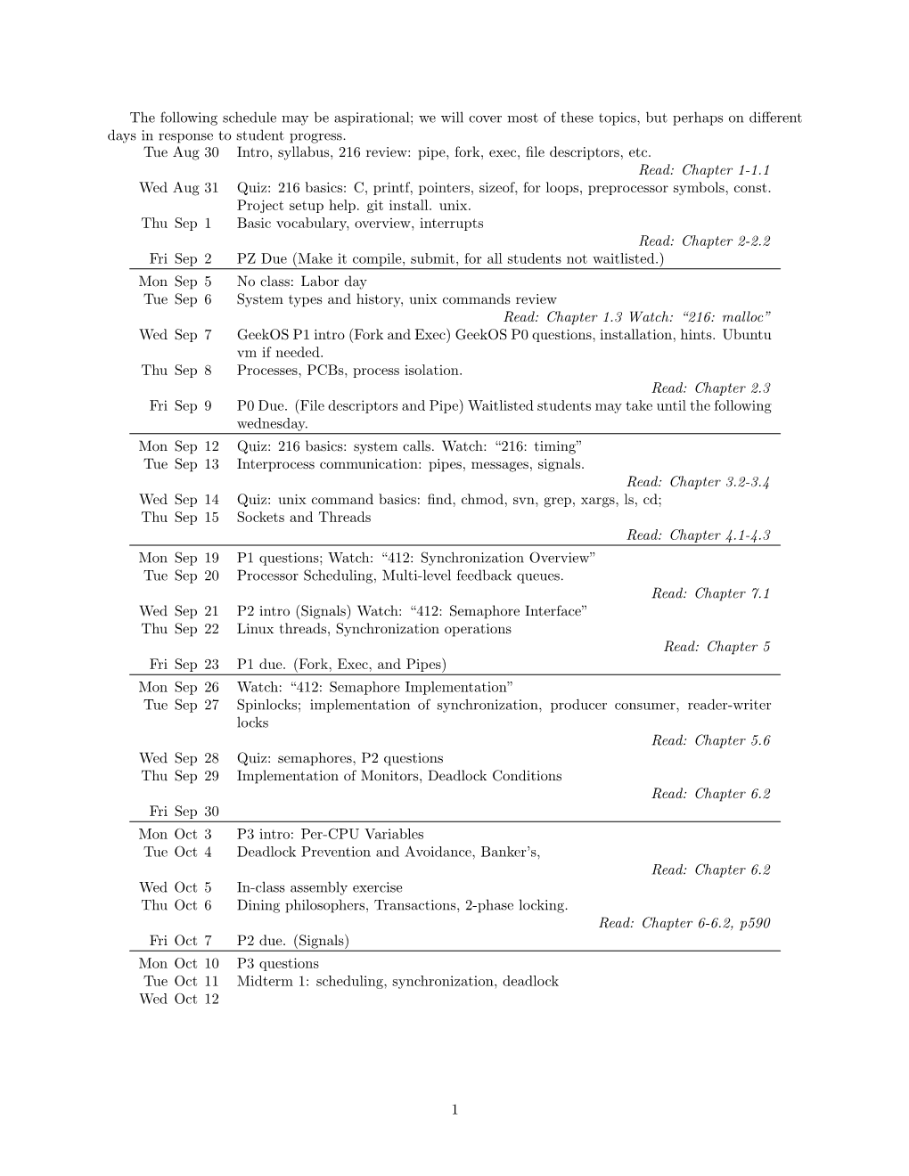 Schedule May Be Aspirational; We Will Cover Most of These Topics, but Perhaps on Diﬀerent Days in Response to Student Progress