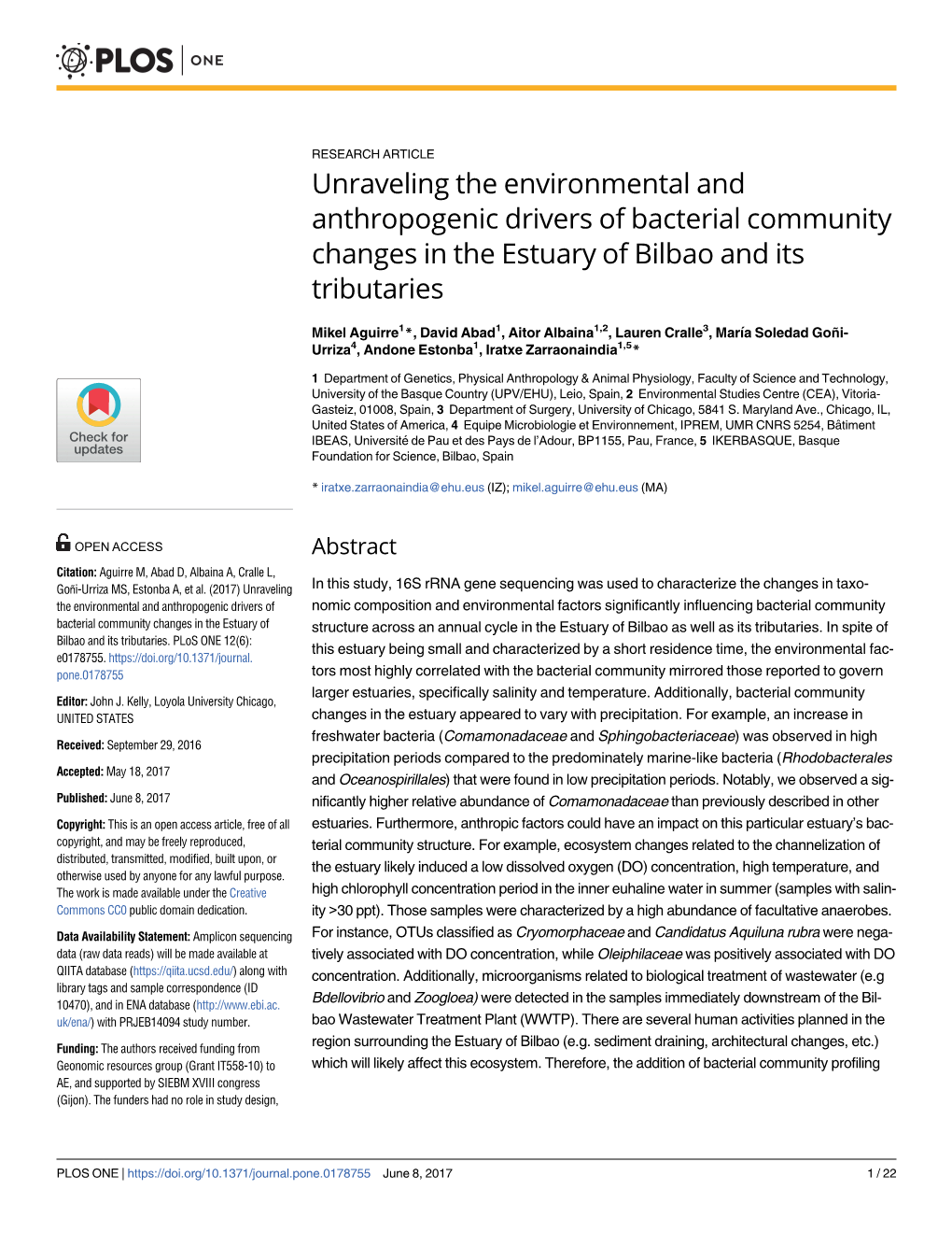 Unraveling the Environmental and Anthropogenic Drivers of Bacterial Community Changes in the Estuary of Bilbao and Its Tributaries