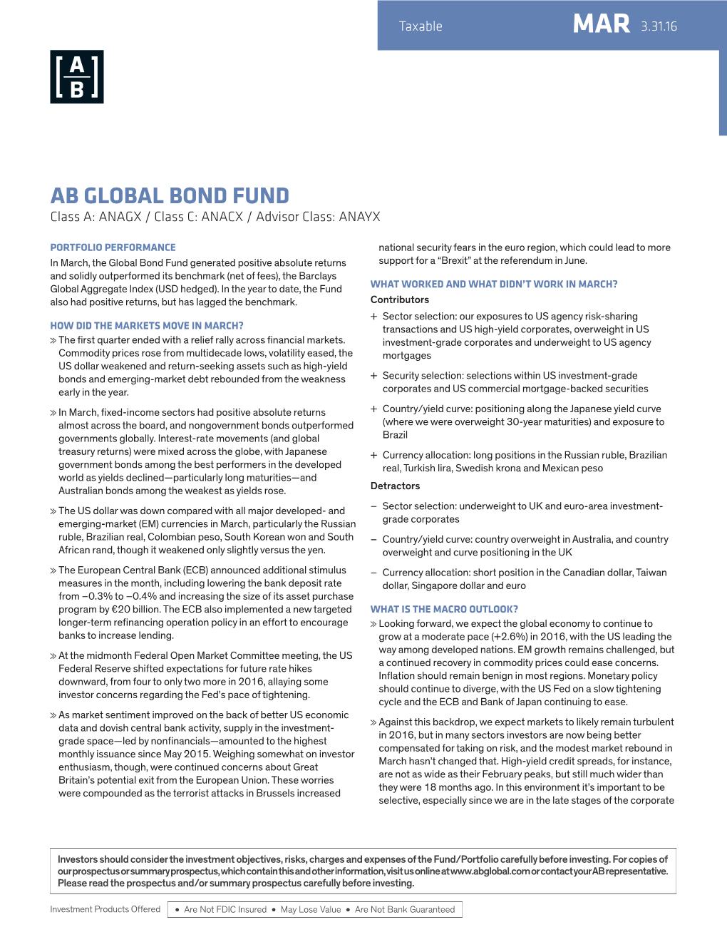 AB GLOBAL BOND FUND Class A: ANAGX / Class C: ANACX / Advisor Class: ANAYX