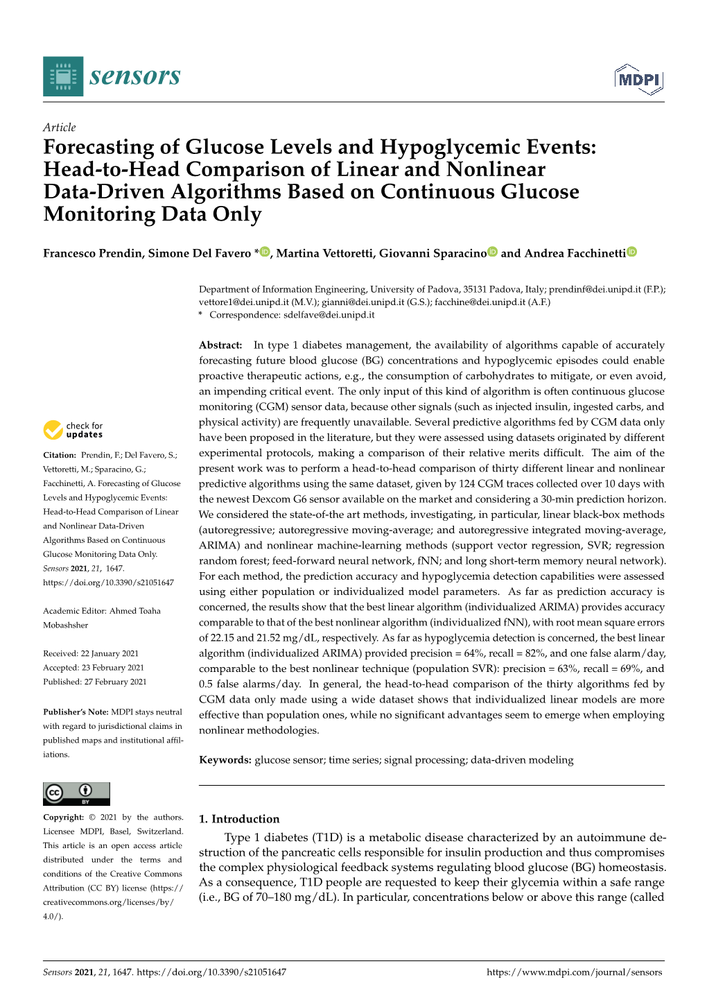 Forecasting of Glucose Levels and Hypoglycemic Events