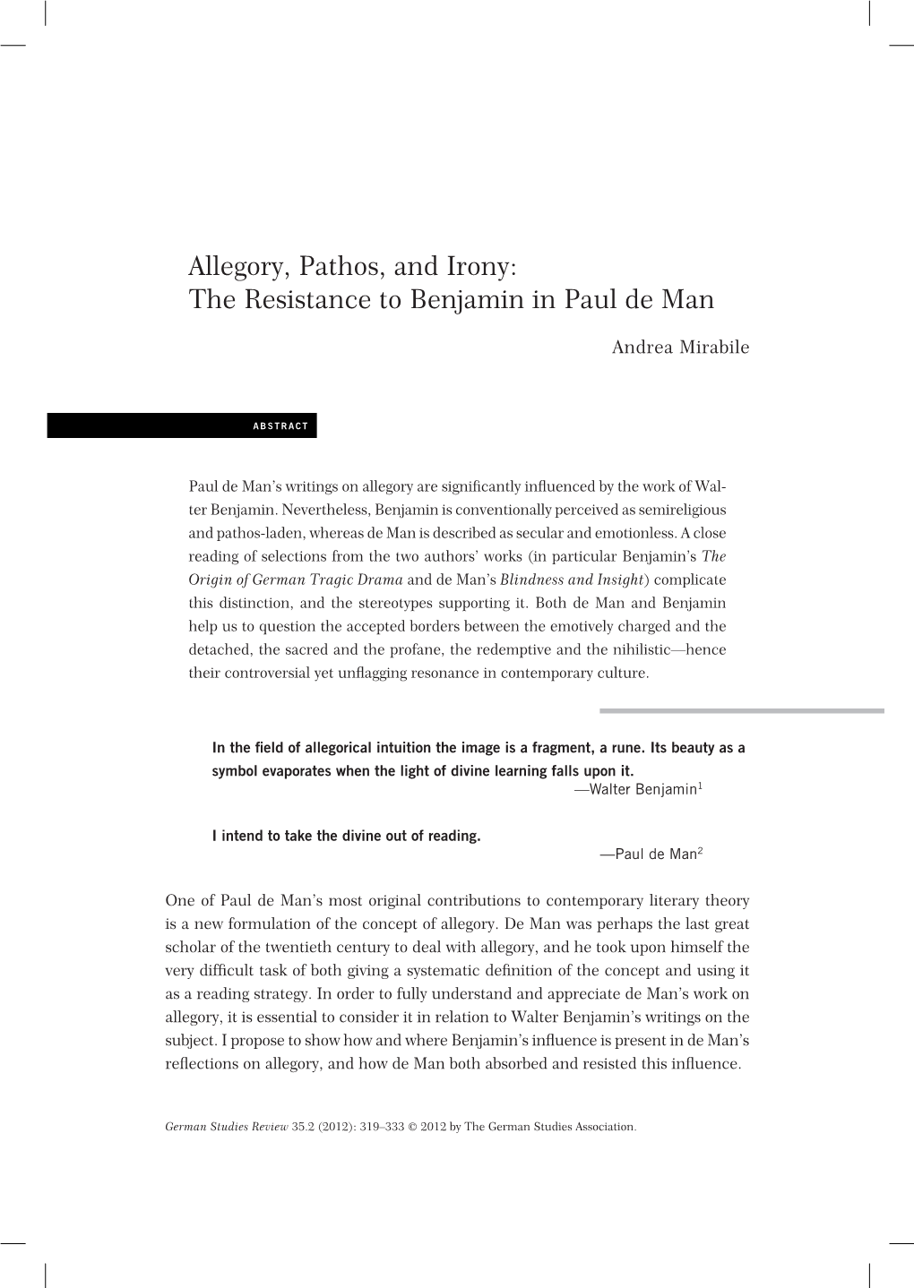 Allegory, Pathos, and Irony: the Resistance to Benjamin in Paul De Man