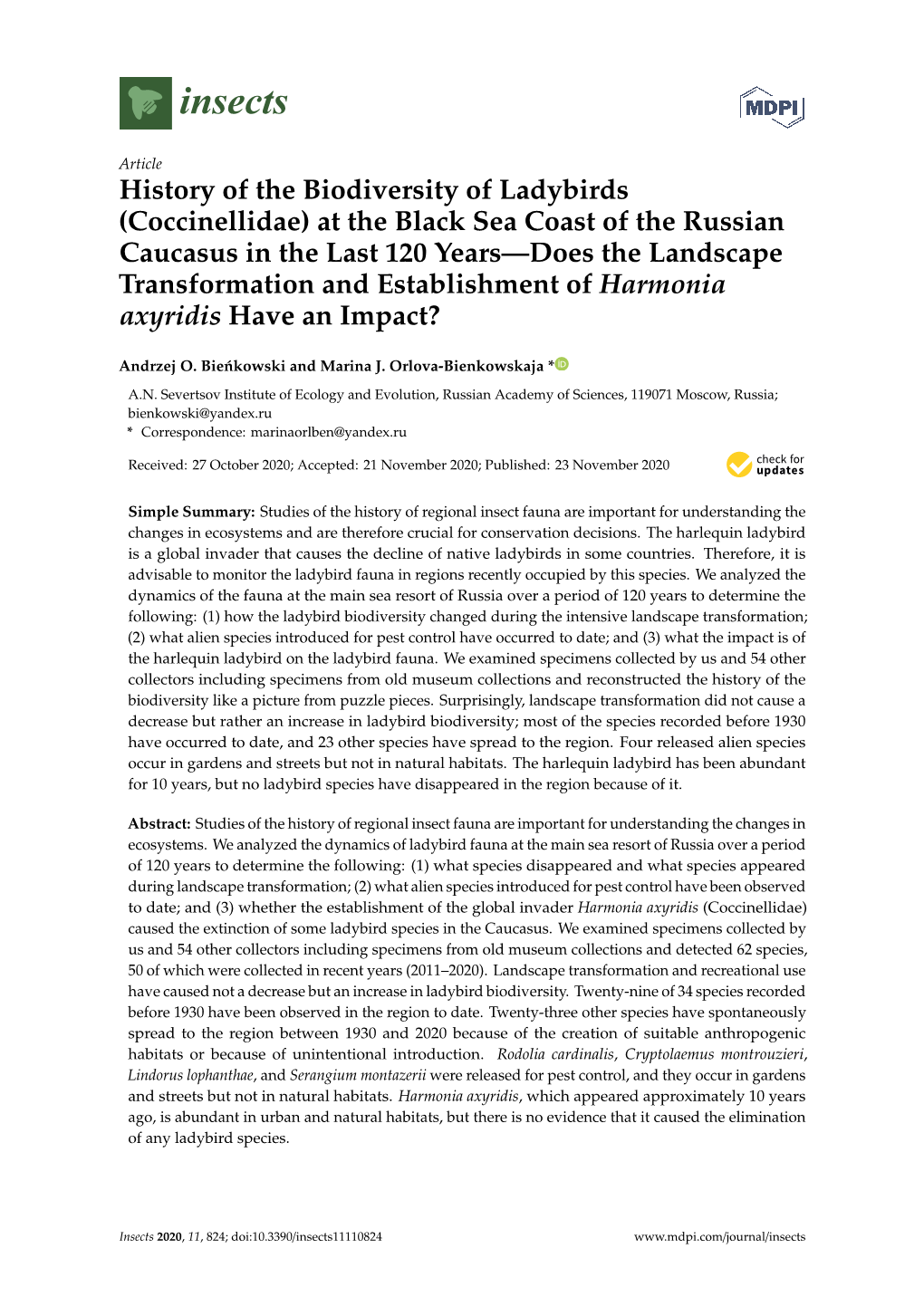 History of the Biodiversity of Ladybirds (Coccinellidae) at the Black Sea Coast of the Russian Caucasus in the Last 120 Years—