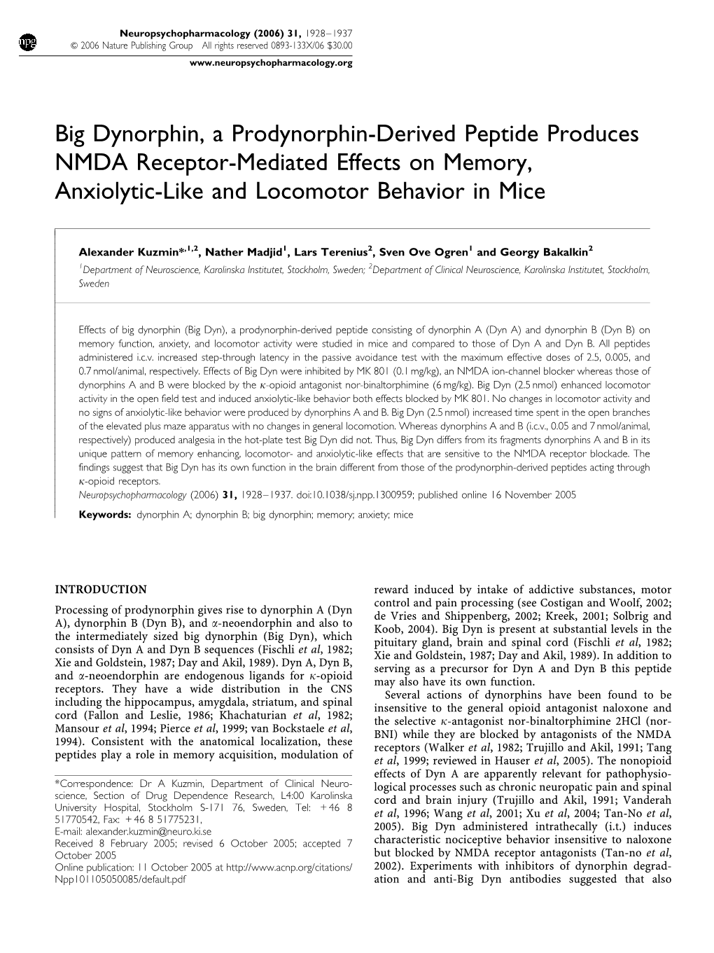 Big Dynorphin, a Prodynorphin-Derived Peptide Produces NMDA Receptor-Mediated Effects on Memory, Anxiolytic-Like and Locomotor Behavior in Mice