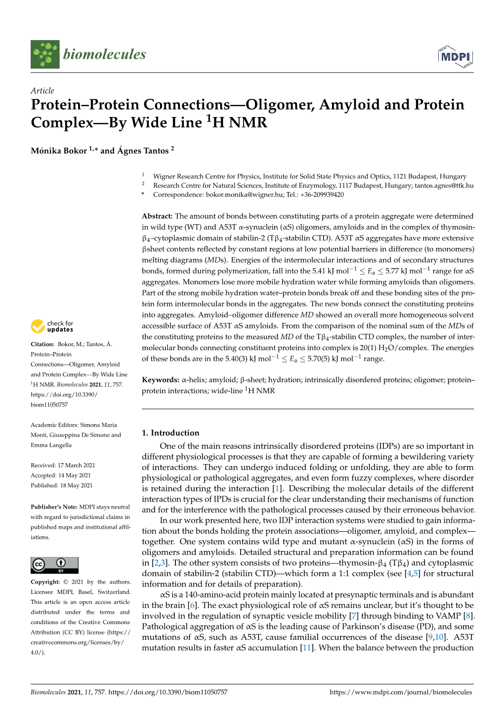 Protein–Protein Connections—Oligomer, Amyloid and Protein Complex—By Wide Line 1H NMR