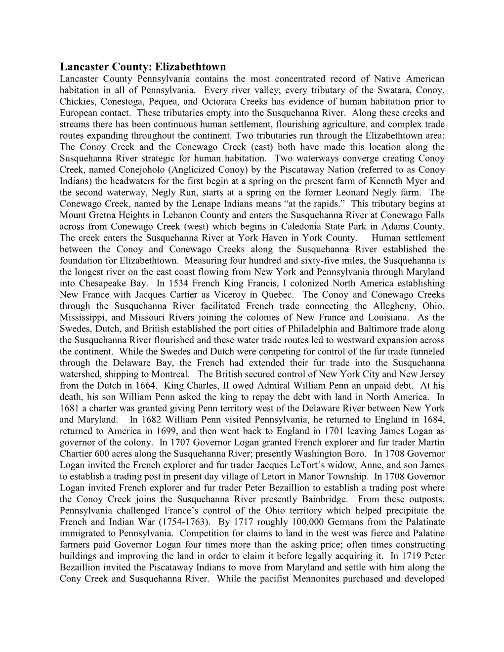 Lancaster County: Elizabethtown Lancaster County Pennsylvania Contains the Most Concentrated Record of Native American Habitation in All of Pennsylvania