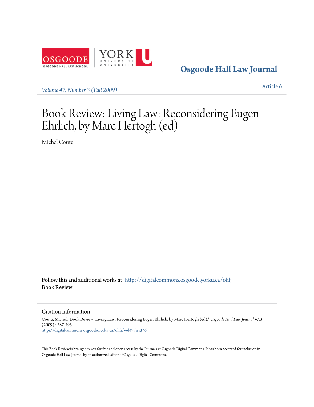 Book Review: Living Law: Reconsidering Eugen Ehrlich, by Marc Hertogh (Ed) Michel Coutu