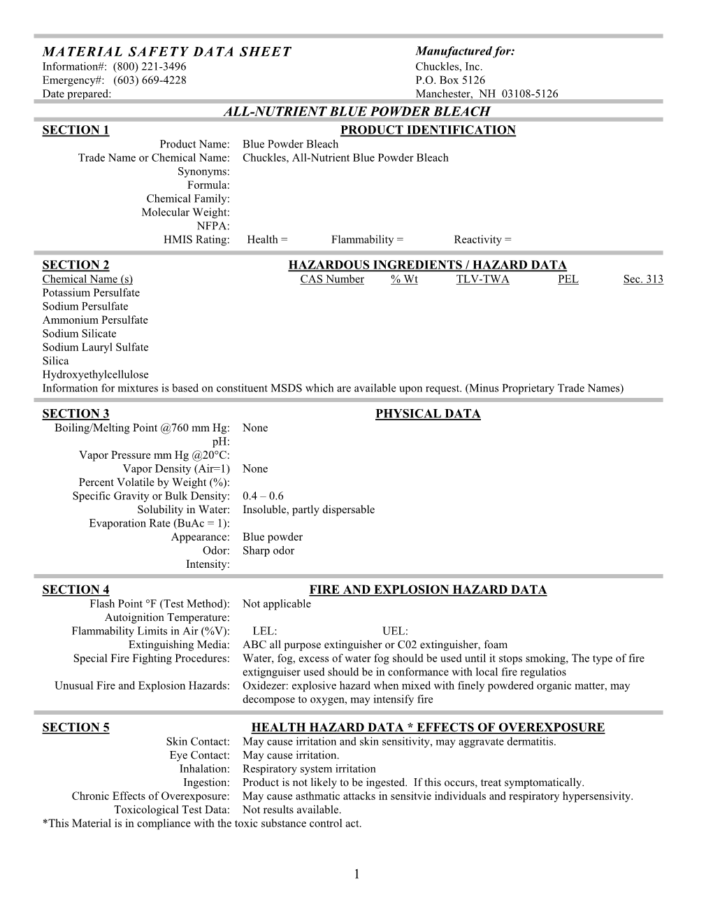 Material Safety Data Sheet All-Nutrient Blue Powder