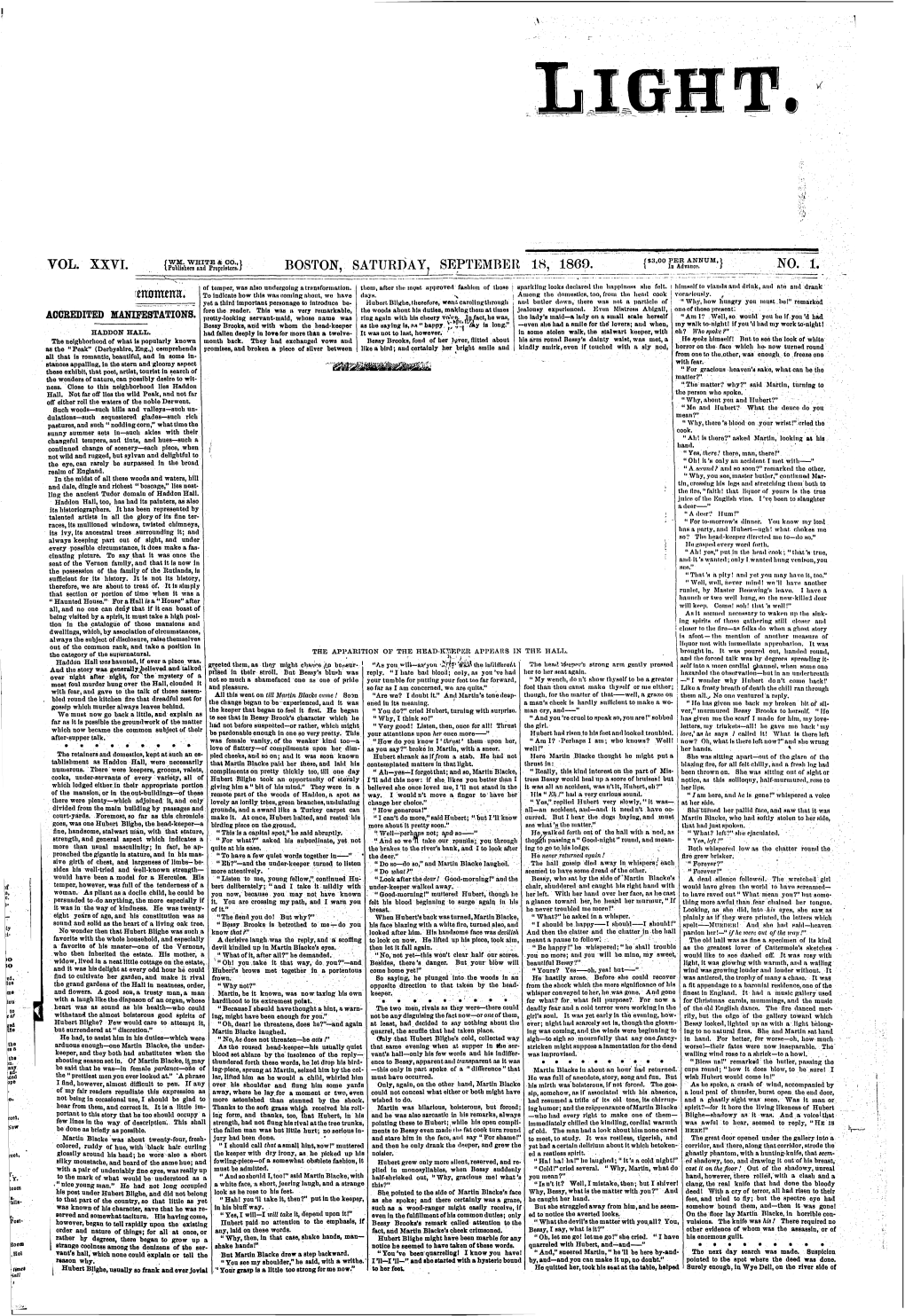 Vol. Xxvi Boston, Saturday, September 18, 1869 No. 1