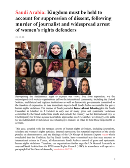 Saudi Arabia: Kingdom Must Be Held to Account for Suppression of Dissent, Following Murder of Journalist and Widespread Arrest of Women’S Rights Defenders