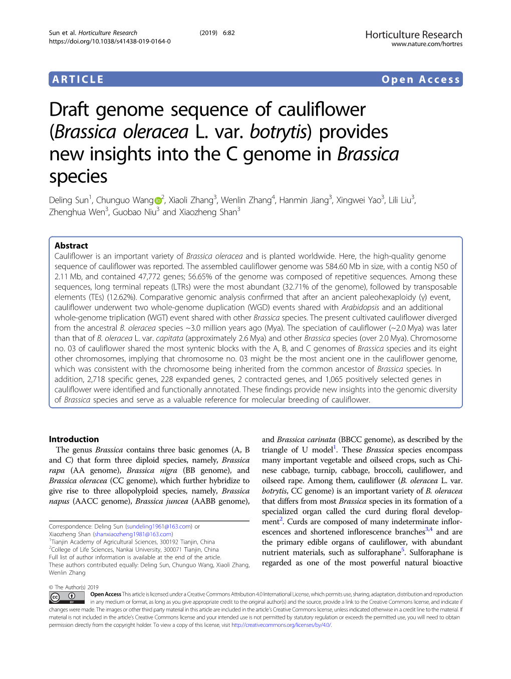 Draft Genome Sequence of Cauliflower (Brassica Oleracea L. Var. Botrytis)