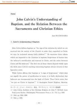 John Calvin's Understanding of Baptism, and the Relation Between