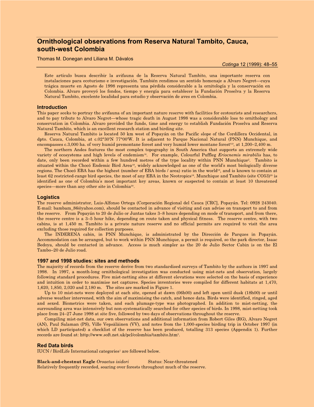 Ornithological Observations from Reserva Natural Tambito, Cauca, South-West Colombia