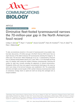 Diminutive Fleet-Footed Tyrannosauroid Narrows the 70-Million-Year Gap In