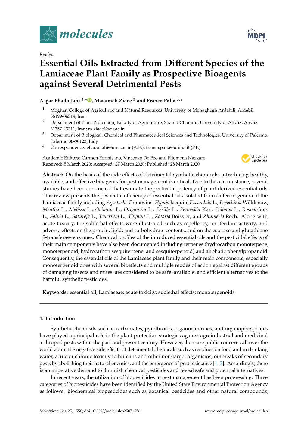 Essential Oils Extracted from Different Species of the Lamiaceae Plant Family As Prospective Bioagents Against Several Detriment