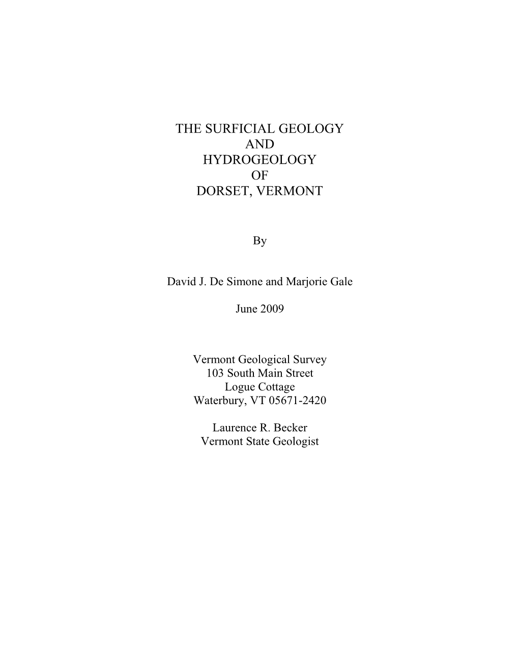 The Surficial Geology and Hydrogeology of Dorset, Vermont