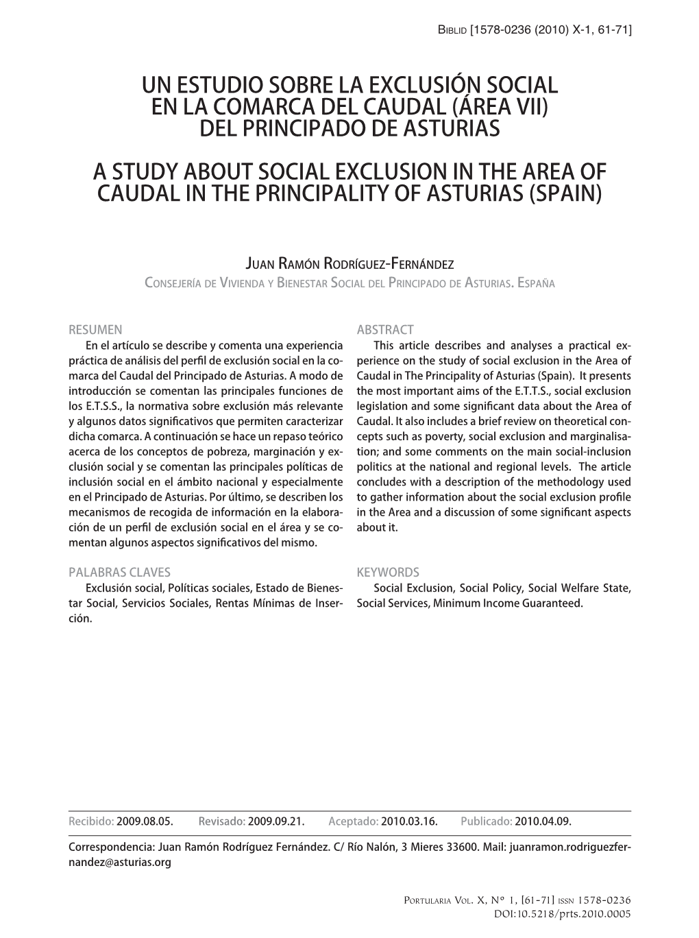 Un Estudio Sobre La Exclusión Social En La Comarca Del Caudal (Área