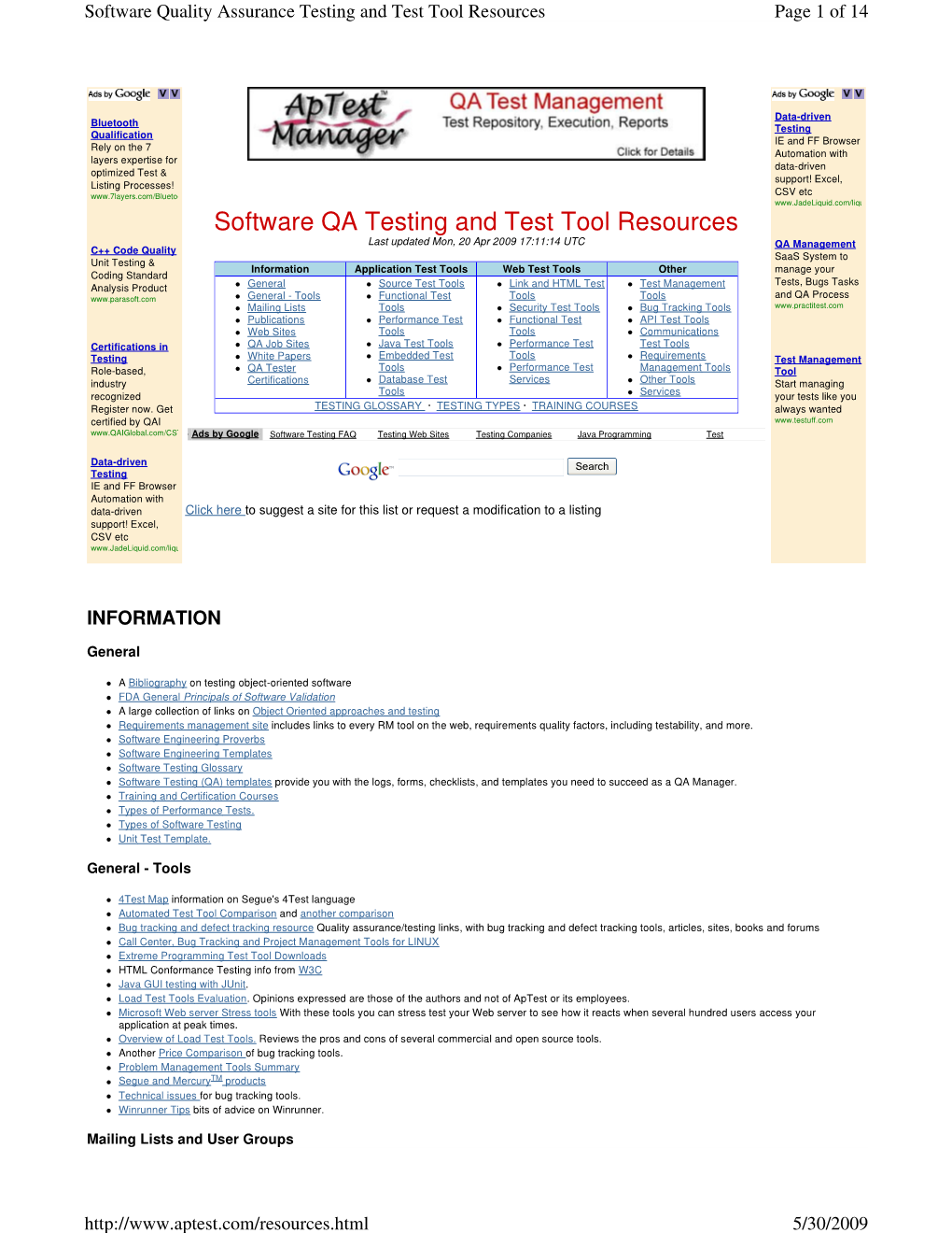 Software QA Testing and Test Tool Resources