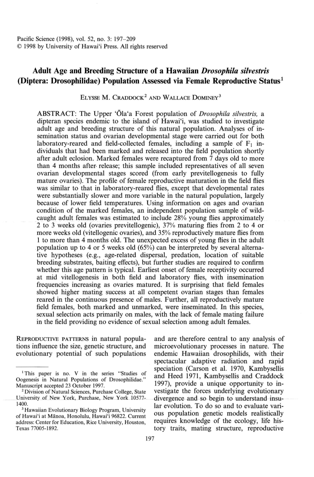 Adult Age and Breeding Structure of a Hawaiian Drosophila Silvestris (Diptera: Drosophilidae) Population Assessed Via Female Reproductive Status1