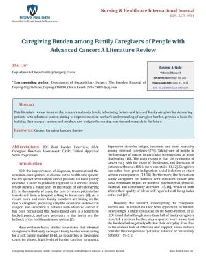 Zhu Liu. Caregiving Burden Among Family Caregivers of People with Advanced Cancer: a Literature Copyright© Zhu Liu