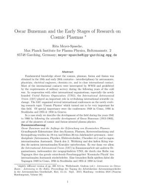 Oscar Buneman and the Early Stages of Research on Cosmic Plasmas ∗