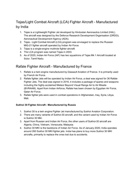 Tejas/Light Combat Aircraft (LCA) Fighter Aircraft - Manufactured by India