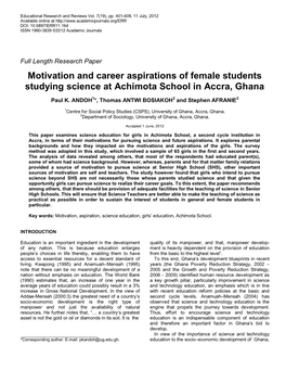 Motivation and Career Aspirations of Female Students Studying Science at Achimota School in Accra, Ghana