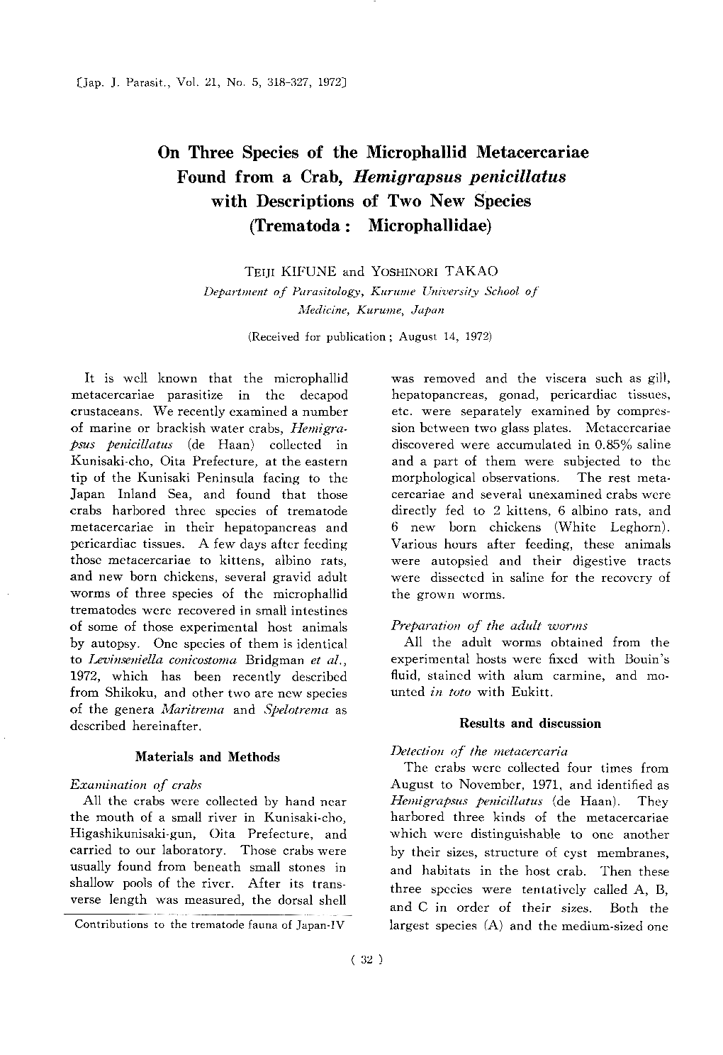 On Three Species of the Microphallid Metacercariae Found from a Crab, Hemigrapsus Penicillatus with Descriptions of Two New Species (Trematoda: Microphallidae)