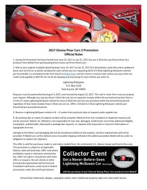 2017 Disney·Pixar Cars 3 Promotion Official Rules