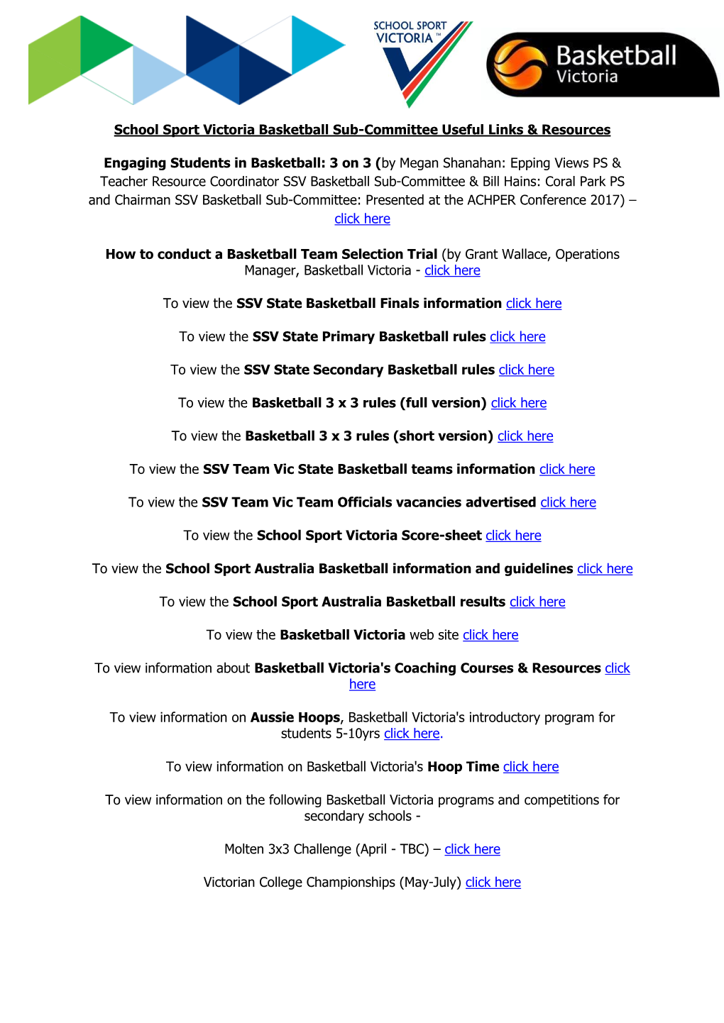 SSV Basketball Sub Committee Links Resources