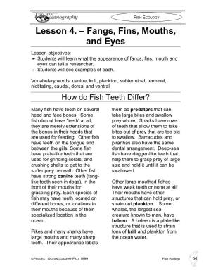 Lesson 4. – Fangs, Fins, Mouths, and Eyes Lesson Objectives:  Students Will Learn What the Appearance of Fangs, Fins, Mouth and Eyes Can Tell a Researcher