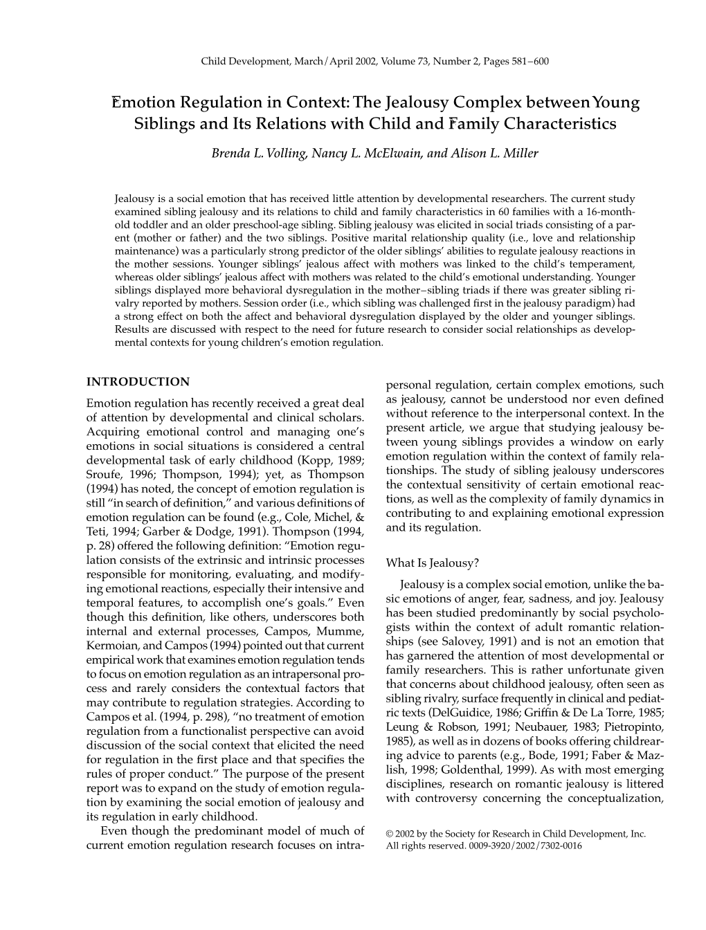 The Jealousy Complex Between Young Siblings and Its Relations with Child and Family Characteristics