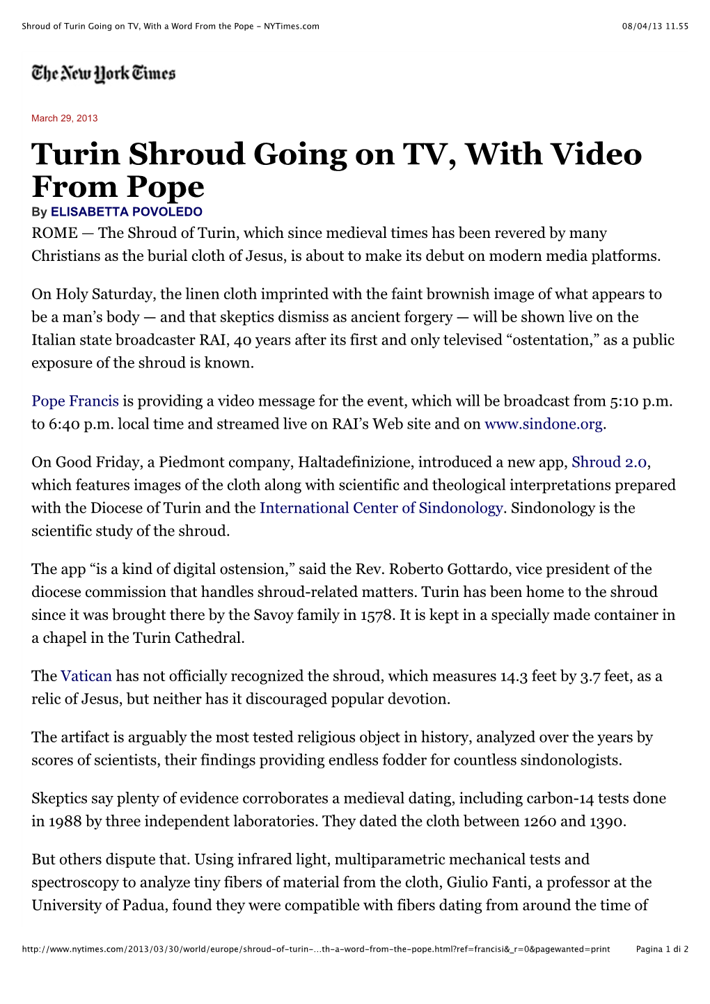 Shroud of Turin Going on TV, with a Word from the Pope - Nytimes.Com 08/04/13 11.55