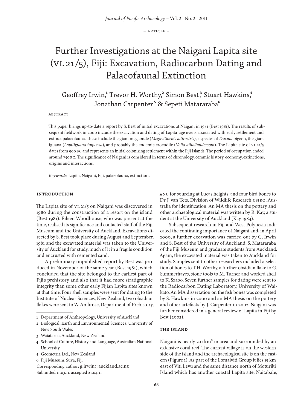 Further Investigations at the Naigani Lapita Site (VL 21/5), Fiji: Excavation, Radiocarbon Dating and Palaeofaunal Extinction