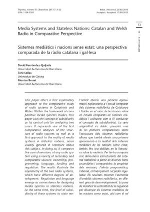 Media Systems and Stateless Nations: Catalan and Welsh Radio in Comparative Perspective