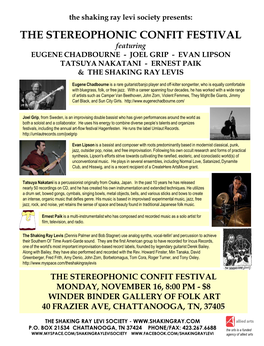 THE STEREOPHONIC CONFIT FESTIVAL Featuring EUGENE CHADBOURNE - JOEL GRIP - EVAN LIPSON TATSUYA NAKATANI - ERNEST PAIK & the SHAKING RAY LEVIS
