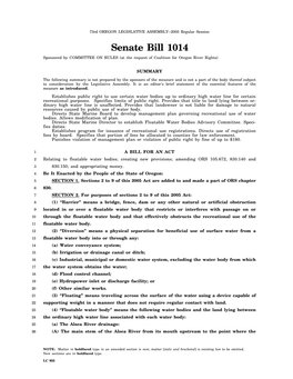 Senate Bill 1014 Sponsored by COMMITTEE on RULES (At the Request of Coalition for Oregon River Rights)