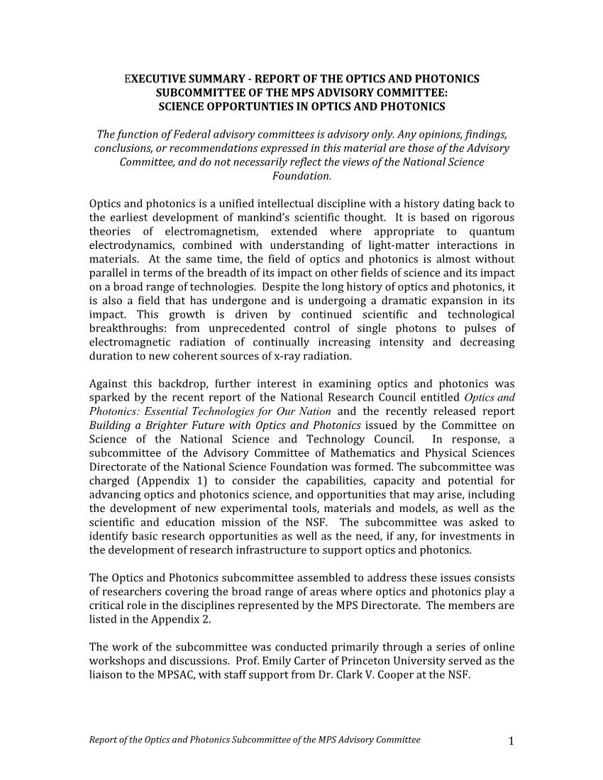 Report of the Optics and Photonics Subcommittee of the Mps Advisory Committee: Science Opportunties in Optics and Photonics