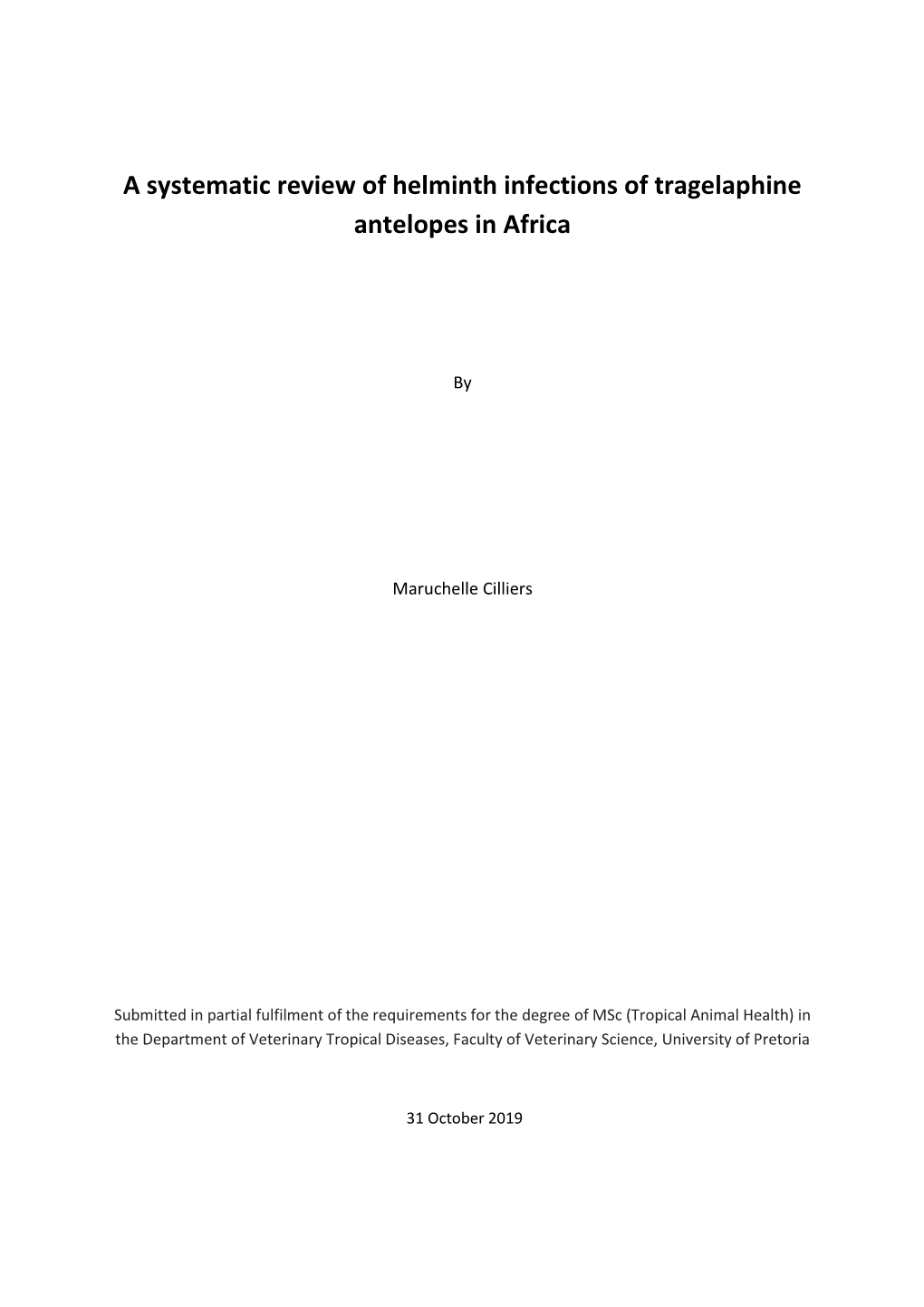 A Systematic Review of Helminth Infections of Tragelaphine Antelopes in Africa