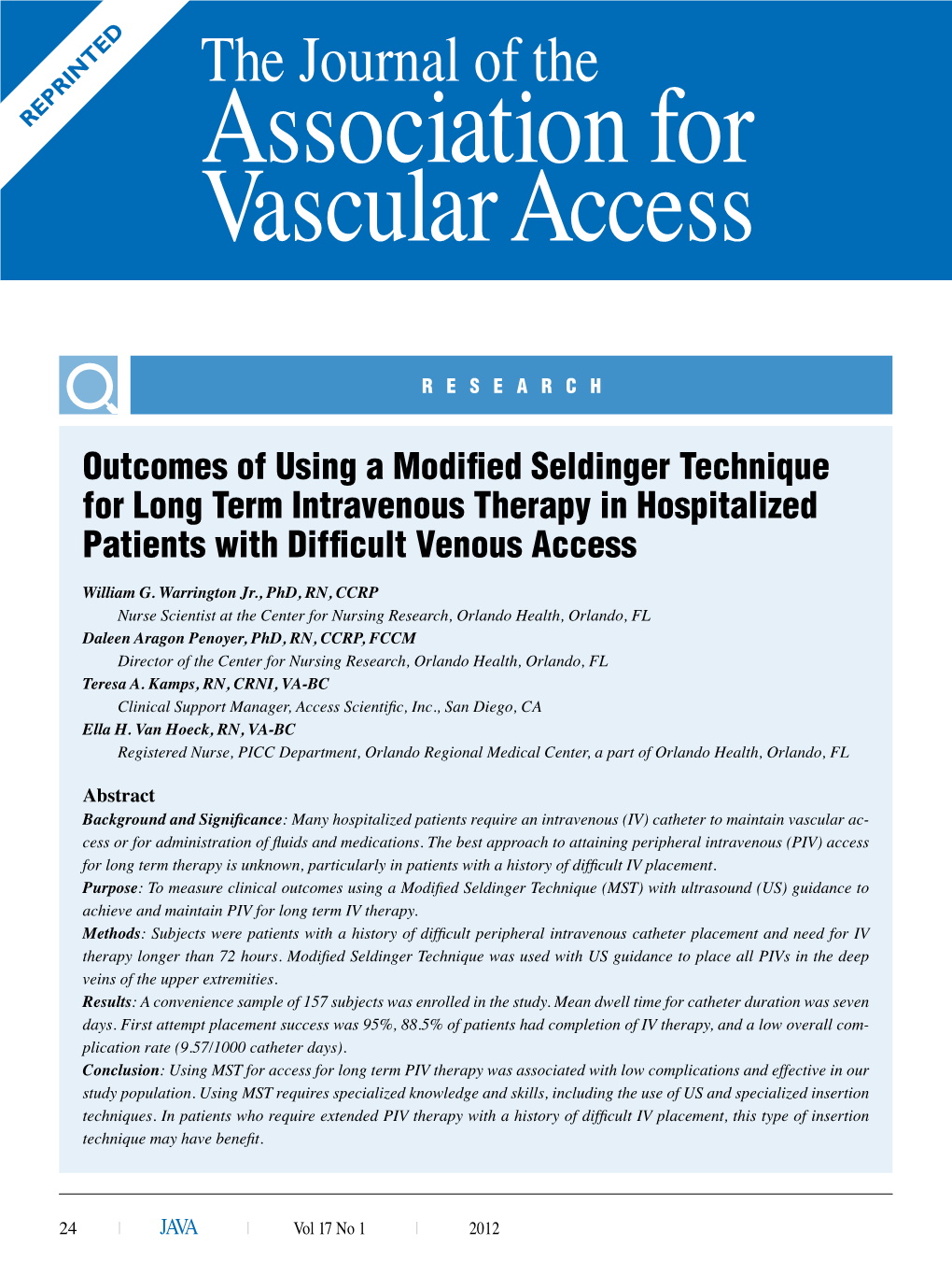 Outcomes of Using a Modified Seldinger Technique for Long Term Intravenous Therapy in Hospitalized Patients with Difficult Venous Access
