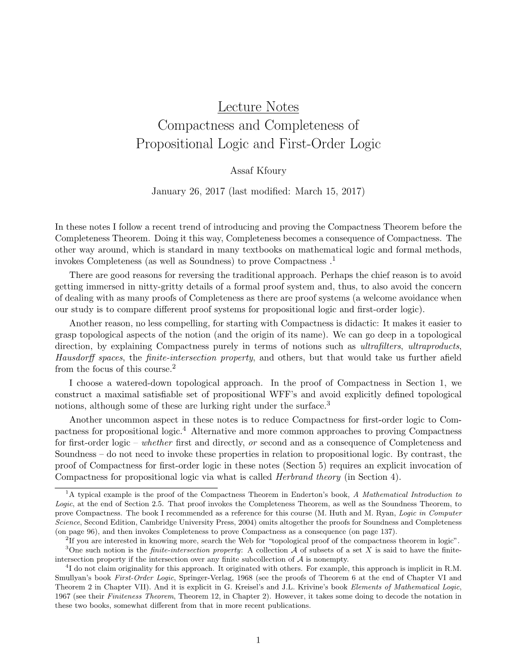 Lecture Notes Compactness and Completeness of Propositional Logic and First-Order Logic