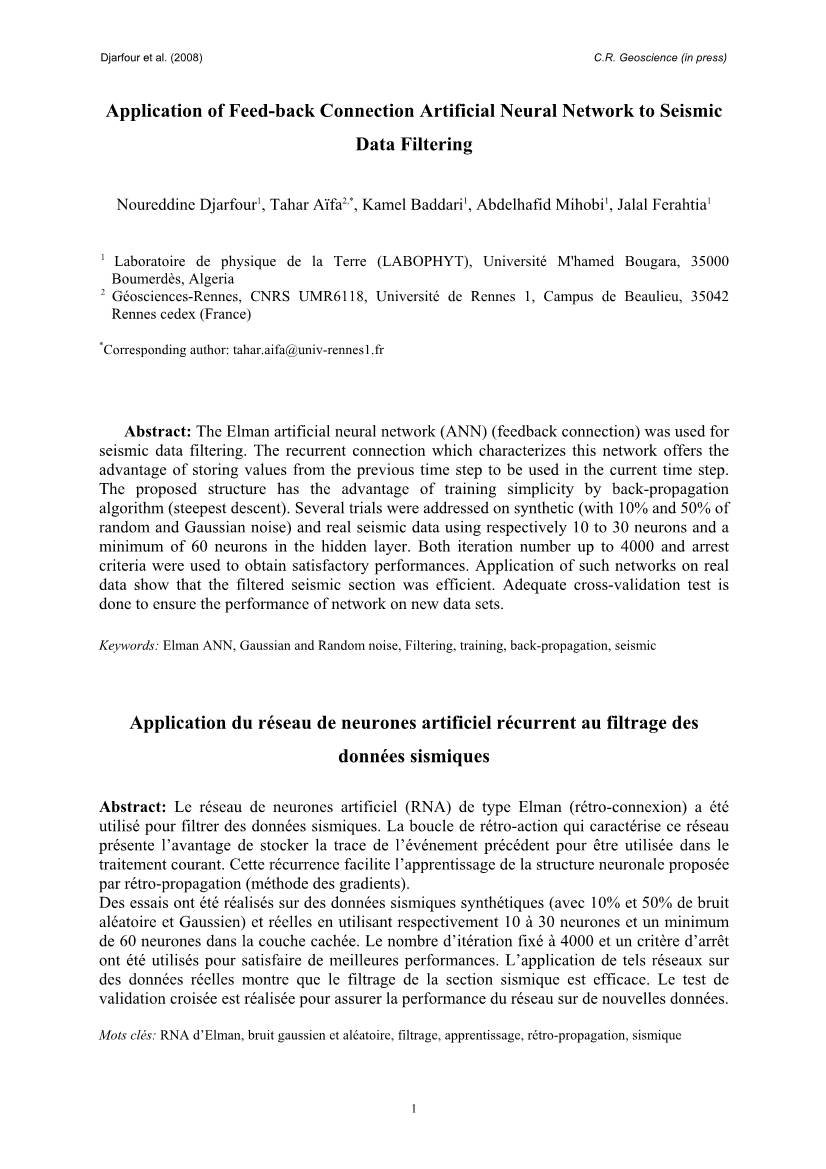 Application of Feed-Back Connection Artificial Neural Network to Seismic Data Filtering